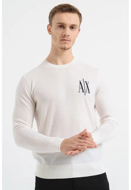 Фино плетен вълнен пуловер с лого - Слонова кост