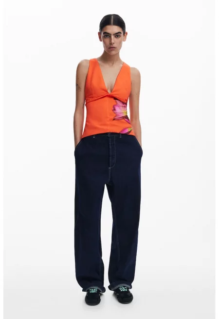 Флорален топ с дълбок шпиц - Фуксия/Мандарина/Аква зелено