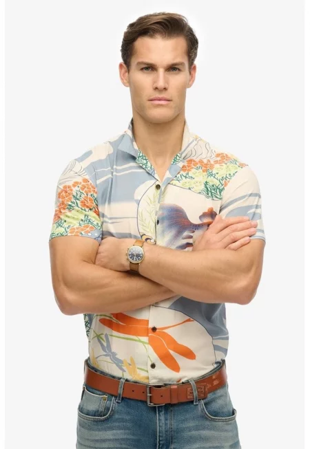 Флорална риза с остра яка - Прашно синьо/Светло бежово