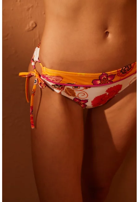 Флорално долнище на бански с връзки - Бял/Оранжев/Розово