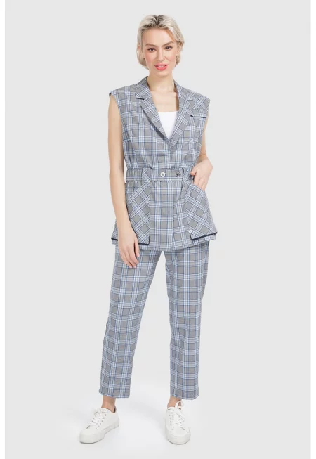 Кариран панталон - Пастелносин/Сив