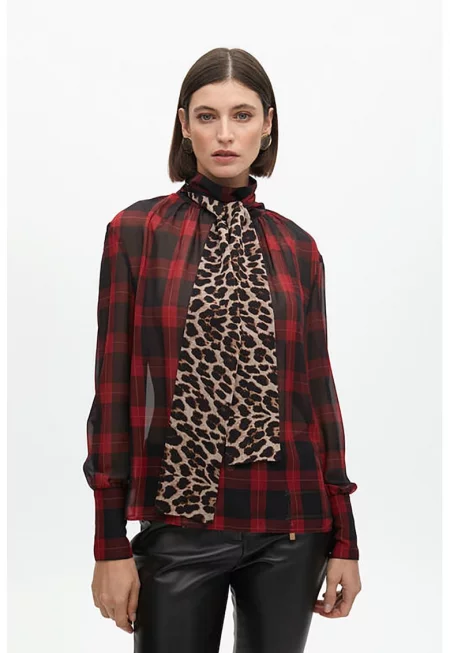 Карирана риза с панделка - Черен/Аленочервен