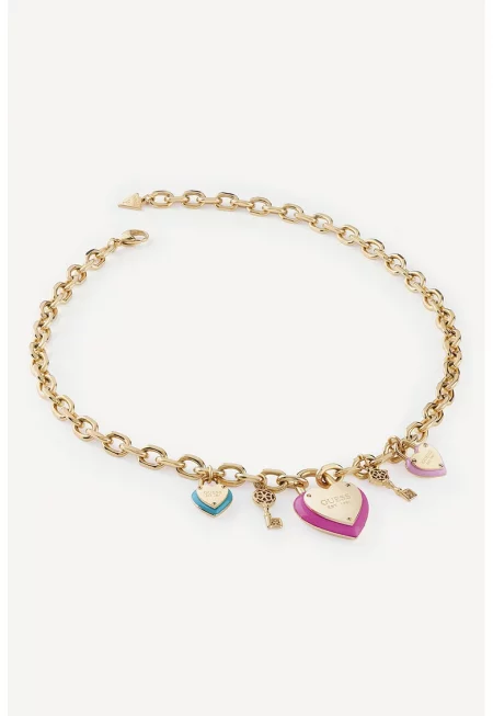 Колие-верижка с висулка с форма на сърце и ключодържател - Златист