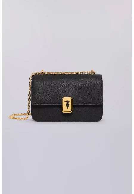 Кожена чанта с презрамка с верижка - Черен