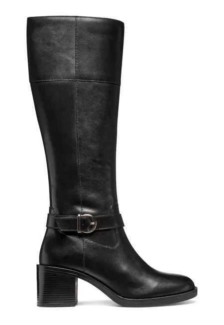 Кожени ботуши до коляното с масивен ток - Черен