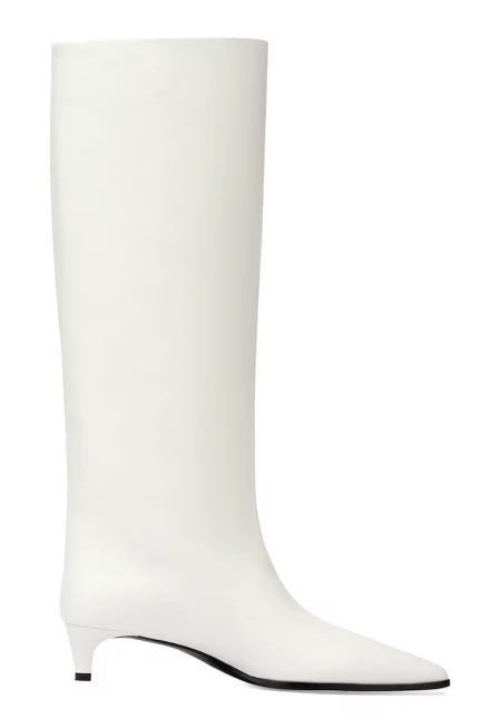 Кожени ботуши до коляното с остър връх - Бял