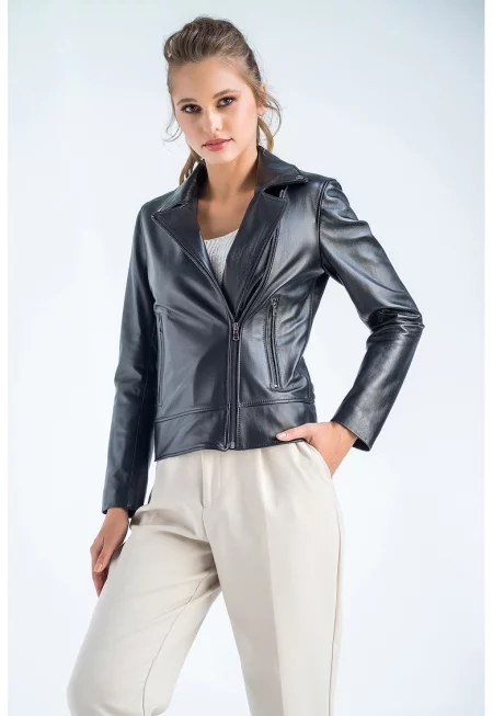 Кожено яке с джобове с цип - Черен