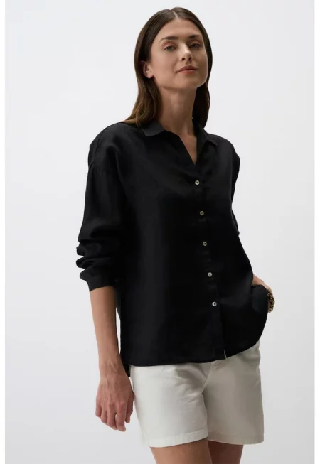 Ленена риза със свободна кройка - Черен