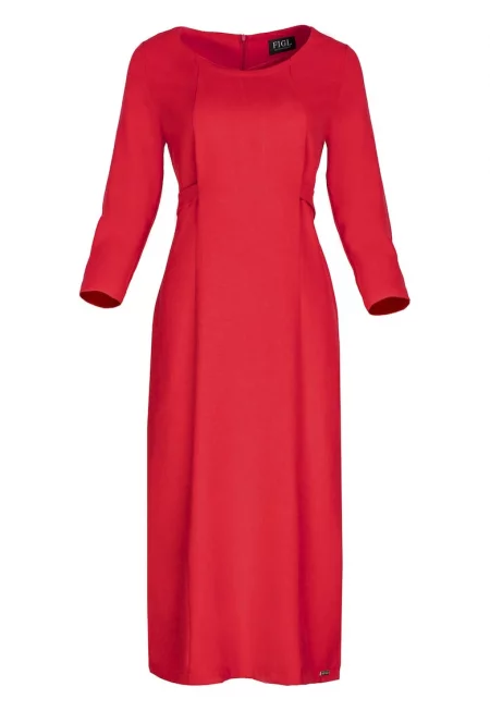 Миди рокля  червена - с колан - 100% полиестер -