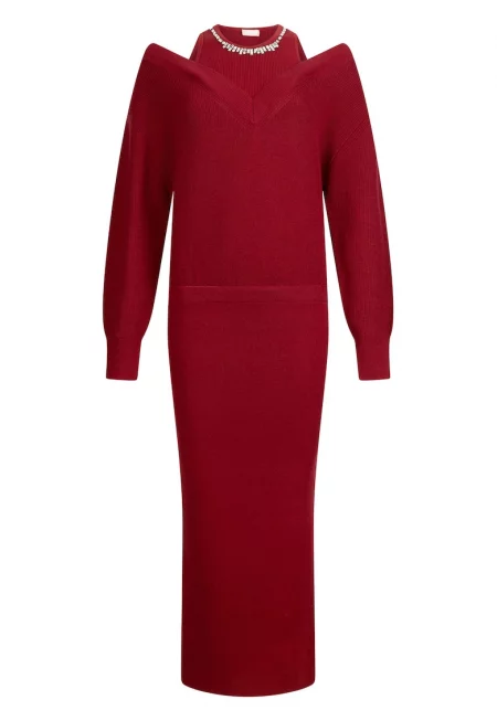 Миди рокля с голо рамо - Тъмночервен