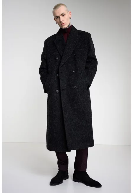 Палто с вълна и двуредно закопчаване - Tъмносив
