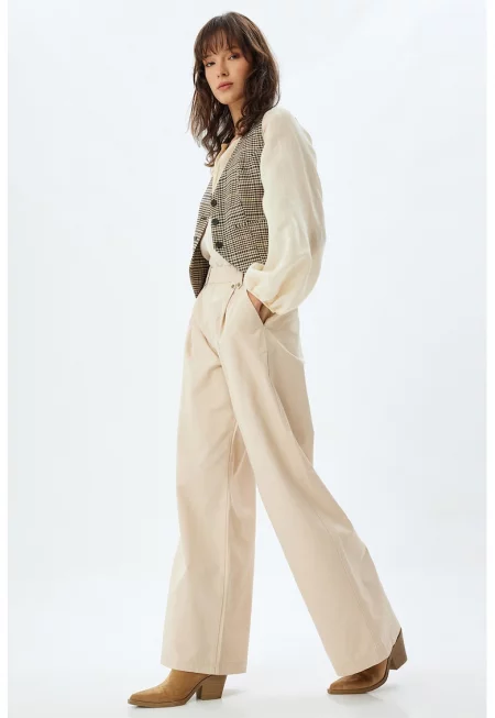 Памучен панталон с широк крачол - Светло бежово