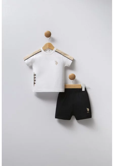 Памучна тениска с яка и шорти - Избеляло черно/Мръснобял/Светло бежово