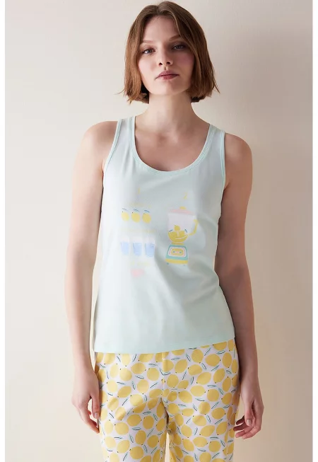 Памучно горнище на пижама с принт - Жълт/Ледено синьо