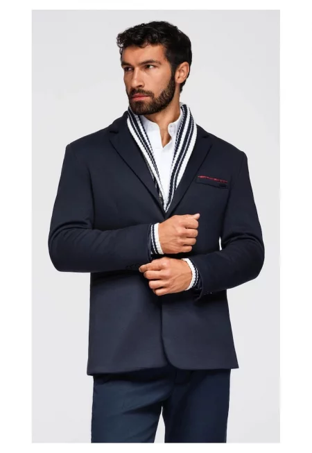 Плетено сако с вталена кройка  OM-BLZB-0100 - Тъмносин - Тъмносин