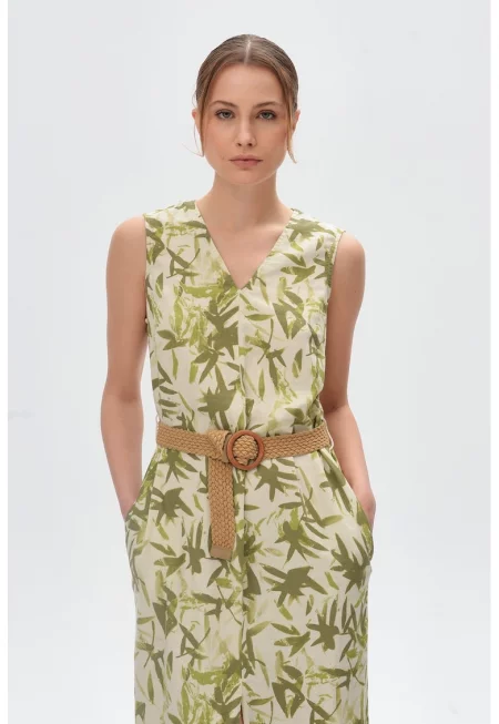 Права рокля с лен и джобове встрани - Бледозелен -