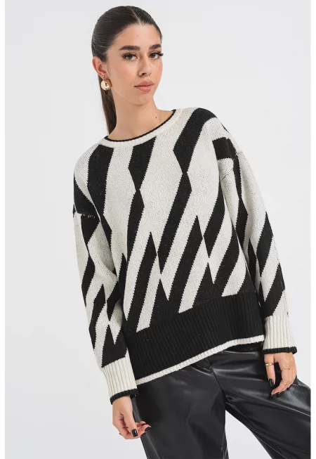 Пуловер Jude с овално деколте и десен - Черен/Мръснобял