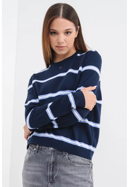 Пуловер от органичен памук с овално деколте - Бял/Лавандула/Тъмносин