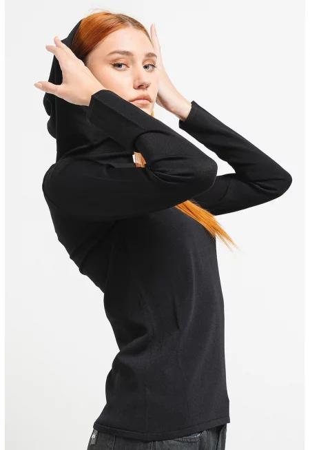 Пуловер с качулка и лого - Черен