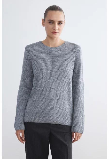 Пуловер с овално деколте - Сив меланж
