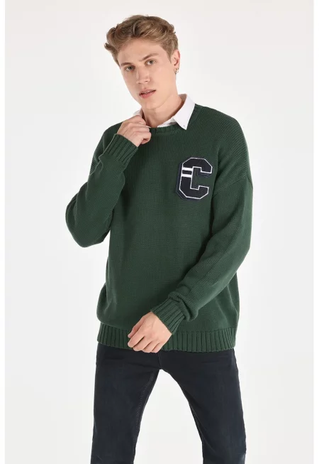Пуловер с паднали ръкави - Тъмнозелен