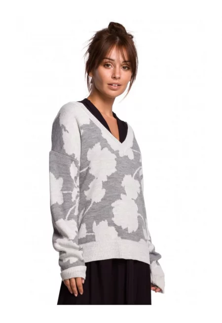 Пуловер с V-образно деколте и флорален принт - акрил - бял/сив