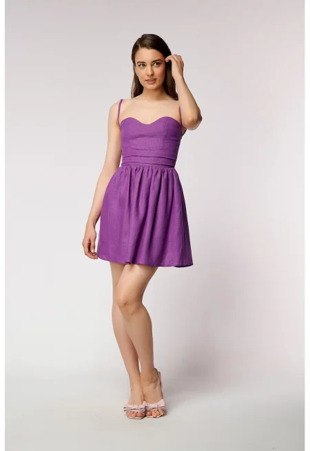 Разкроена ленена рокля - Виолетов/Аметист