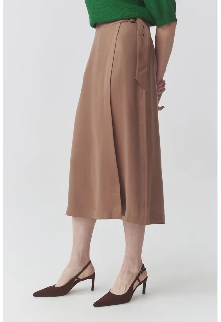 Разкроена застъпена пола с лиосел - Светлокафяв