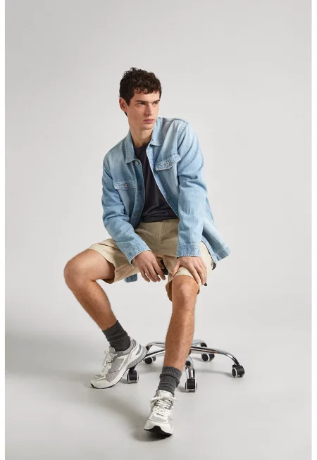 Риза от деним с джобове - Бял/Светлосин