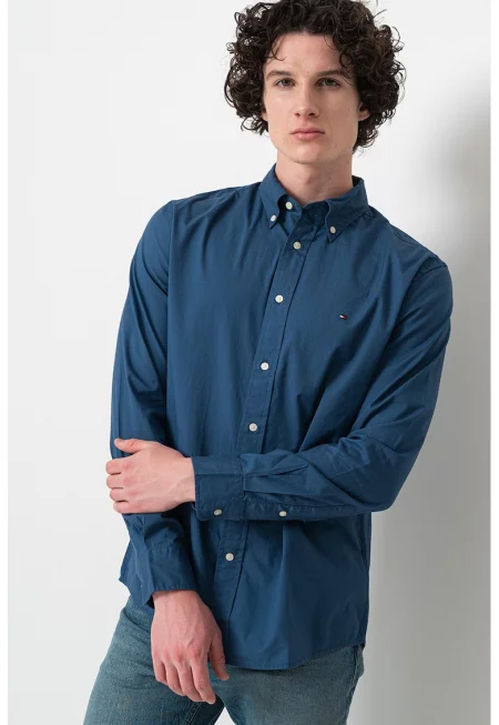 Риза от поплин с копчета на яката - Прашно синьо