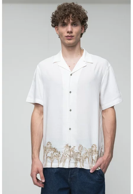 Риза с лен с къси ръкави - Бял/Светлокафяв