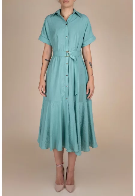 Rochie-camasa midi cu volane si cordon in talie