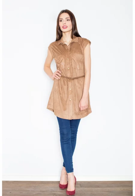 Рокля  кафява - велур - с копчета и колан - полиестер