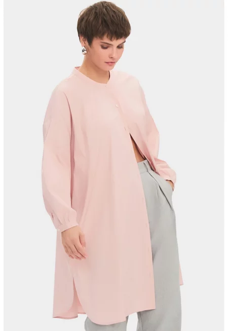 Рокля тип риза с памук - Прашно розово