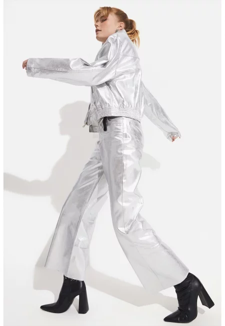 Широк панталон с висока талия и ефект металик - Тъмносребрист