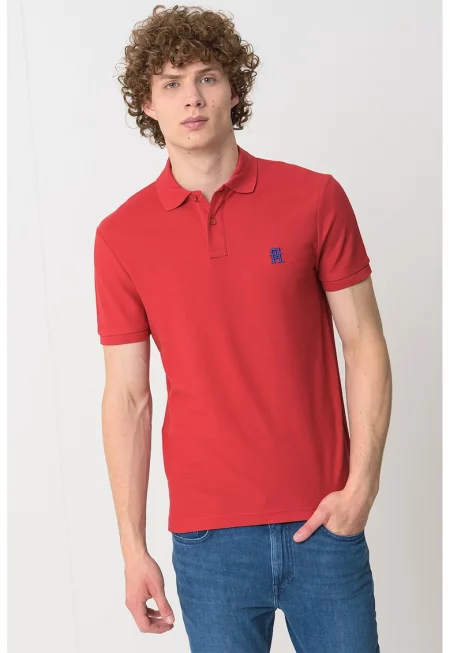 Тениска от органичен памук с яка - Червен/Син