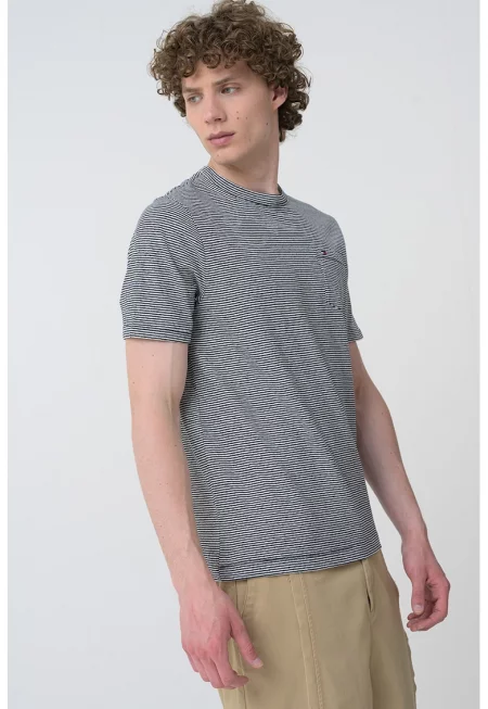 Тениска с лен с райе - Мръснобял/Тъмносин