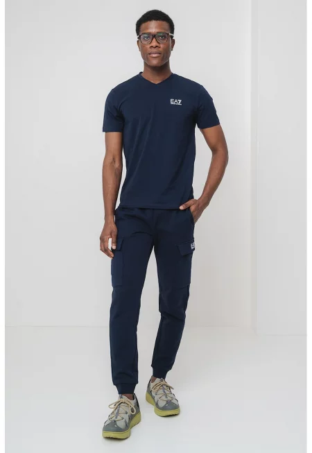 Тениска с памук и лого - Бял/Тъмносин