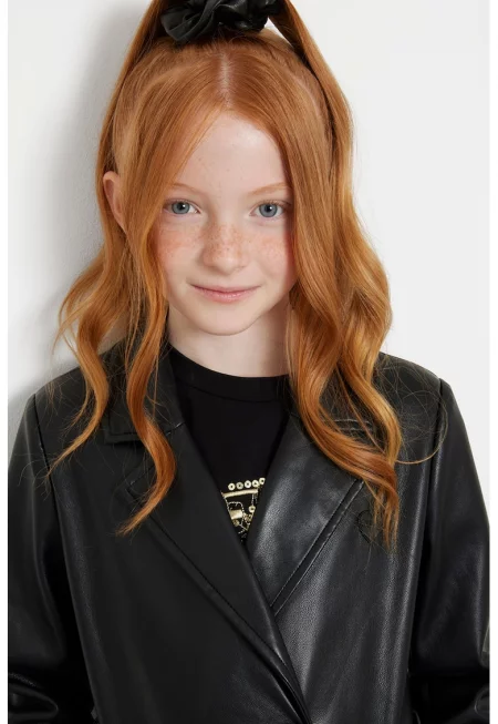 Тренч от еко кожа с раздвоен ревер - Черен