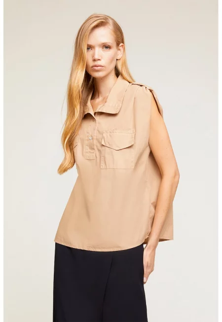 Туника с джобове с капаче - без ръкави - Бежов