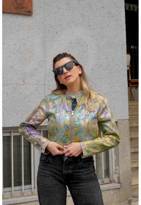 Яке Handpainted с цип - Жълт/Виолетов/Бежов