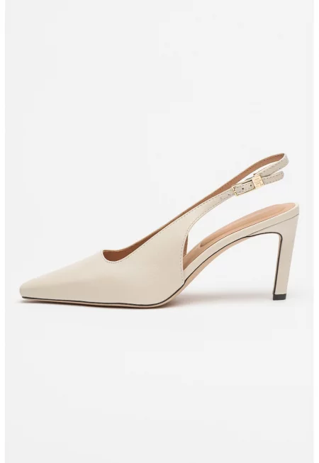 Заострени кожени обувки с каишка на петата - Светло бежово