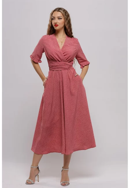 Застъпена рокля с десен - Прашно розово