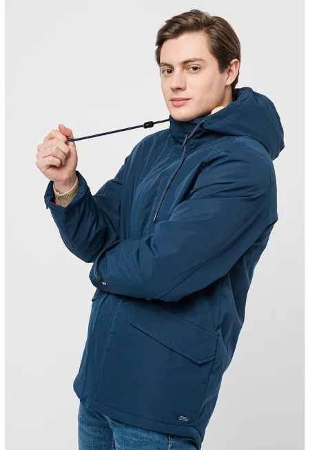 Зимно яке с качулка и предни джобове - Тъмносин