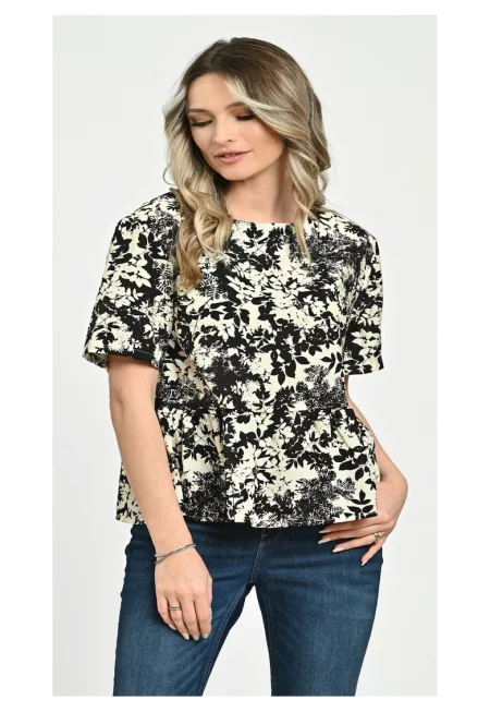 888142604-Bluza Dama - Peplum - din Viscoza - Crem cu Negru si model Floral