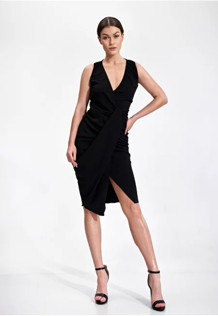 Асиметрична вечерна рокля  M858 - с волани - черна - полиестер-еластан