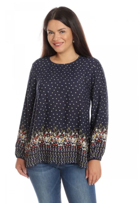 Bluza Dama din Vascoza cu bordura - bleumarin si imprimeu floral