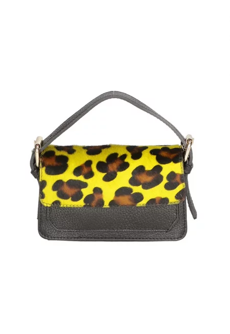 Чанта през рамо от кожа и кожа с косъм - Черен/Сламеножълт