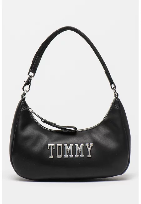 Чанта за рамо от еко кожа с метално лого - Черен