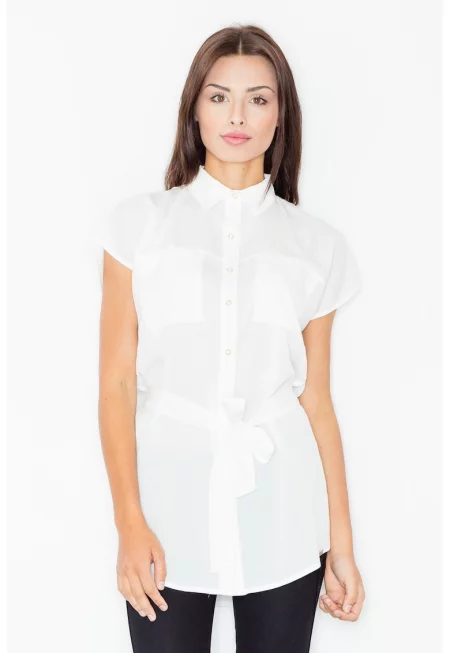Дамска риза -  Полиестер/Еластан/Вискоза - Къс ръкав - Бяла